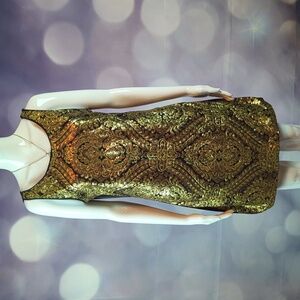 XOXO sz 11/12 Sleeveless Gold Sequined Brocade Sheath Dress